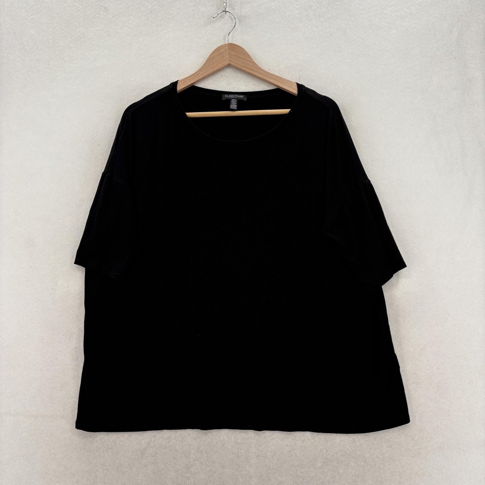 Eileen Fisher Shirt Womens Medium Petite Black Jersey Short Sleeve Stretch Tee